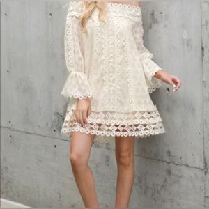 Champagne & Strawberry crochet lace teared cream boho off shoulder dress size S